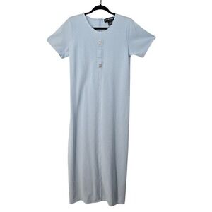 Richard Vintage 90s Light Blue Cotton Knit Midi Dress Flower Buttons Women Small